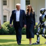 à la maison blanche, melania trump se promène aux côtés d'un robot curieux, tandis que brigitte macron observe attentivement cette scène insolite et technologique.