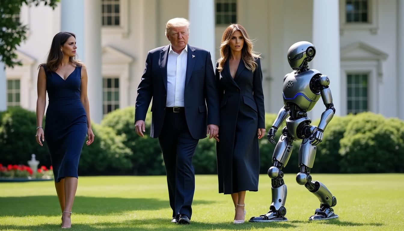 à la maison blanche, melania trump se promène aux côtés d'un robot curieux, tandis que brigitte macron observe attentivement cette scène insolite et technologique.